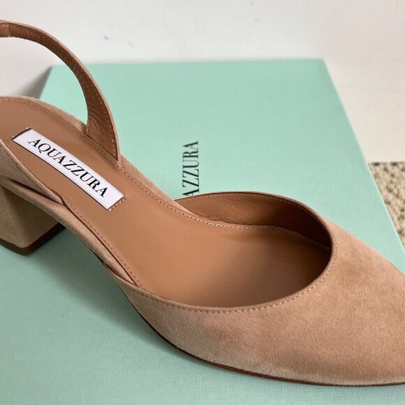 Aquazzura Talita Beige New Nude Suede Block Heel Slingback Pumps - Picture 4 of 14